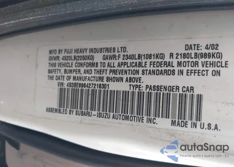 2002 Subaru Outback H6-3.0/H6-3.0 Vdc from USA, damaged, VIN 4S3BE896427216301